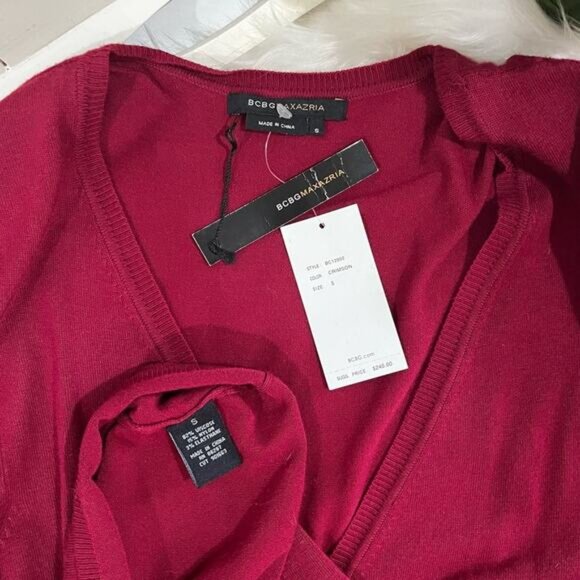 NEW BCBGMAXAZRIA Belted Tailored Plunge Midi Sweater Dress Crimson Red Small NWT - Picture 8 of 15